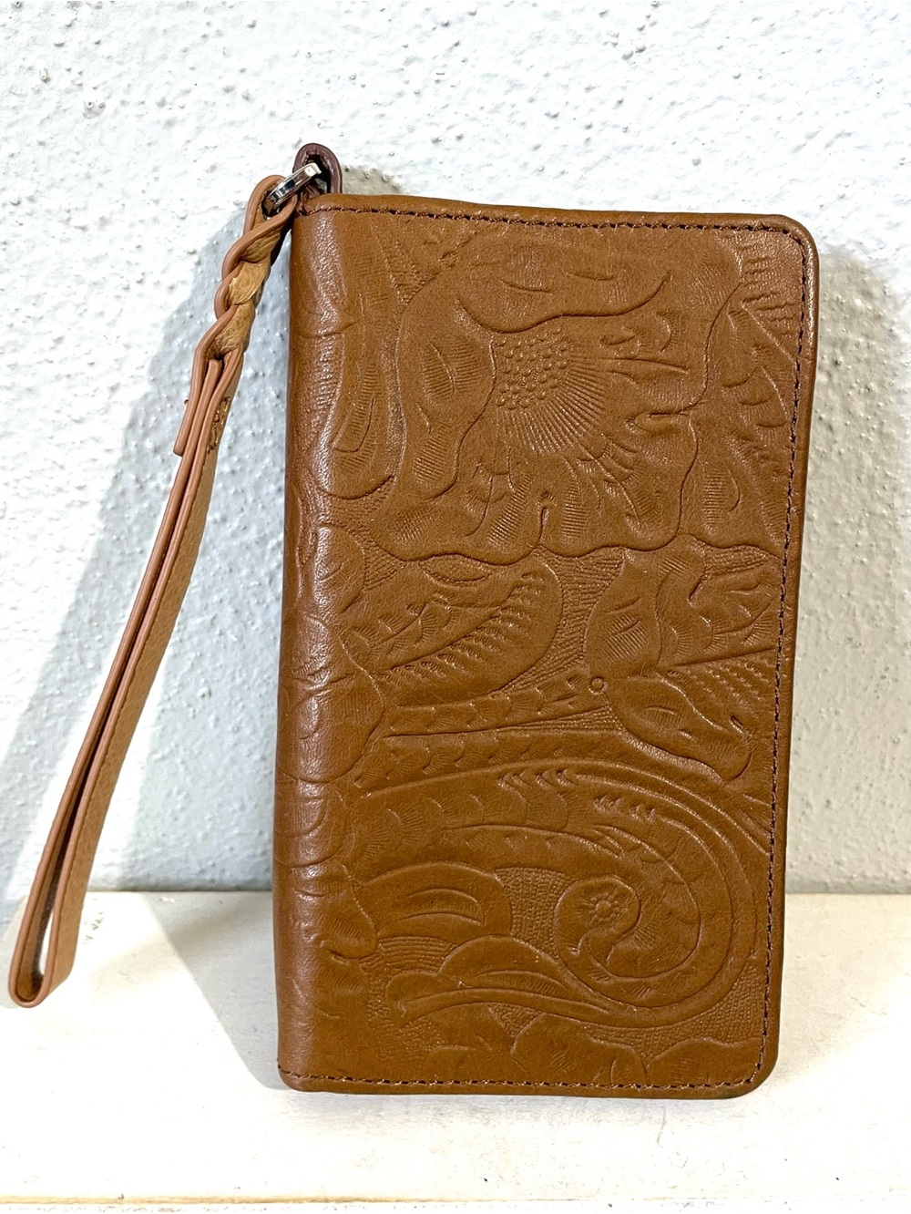 Margot Cognac Leather Cell Phone Wristlet Wallet Embossed Floral Snap Western